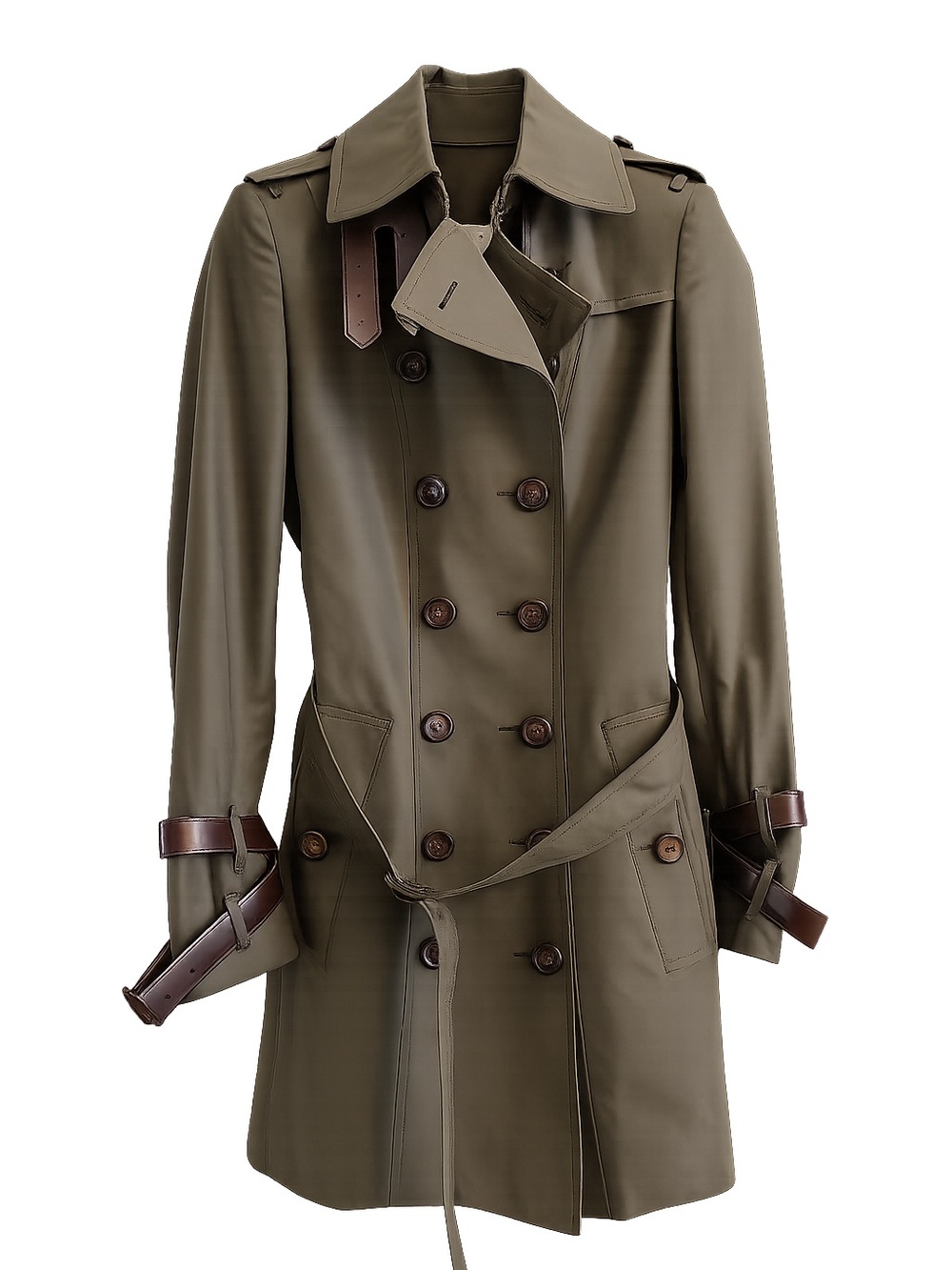 Burberry Olive Trench Coat with Brown Strap Details